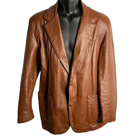 Vintage 70s Leather Western Coat M Brown Buttons One Point Pockets Notch Collar - Picture 1 of 7